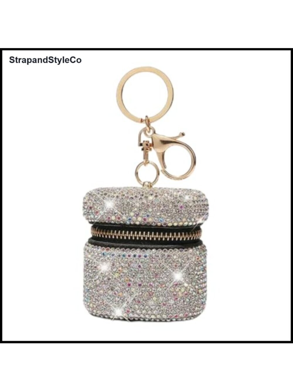 Rhinestone Mini Zipper Pouch Keychain Earphone Cord Bag Leather